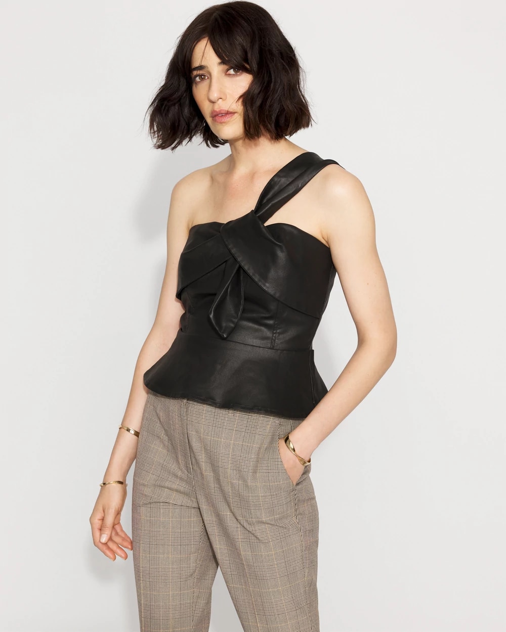 One-Shoulder Faux Leather Peplum Top | White House Black Market One-Shoulder Faux Leather Peplum Top | White House Black Market